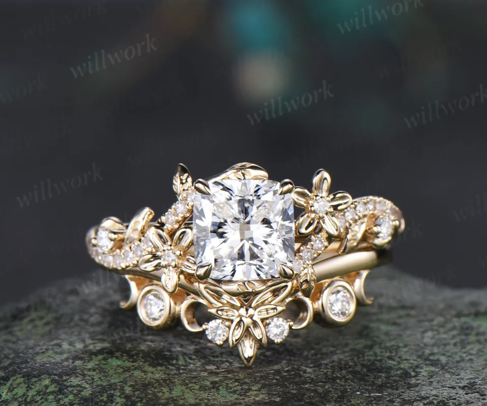 Cushion cut IGI lab grown diamond engagement ring set leaf flower twig ring unique art deco moon floral wedding band nature inspired bridal set sold by Willwork Jewelry