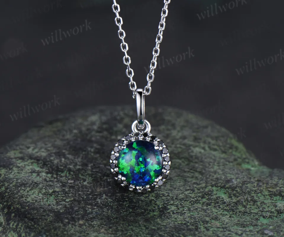 Vintage round black opal necklace unique black diamonds/black spinels pendant necklace wedding anniversary birthday gifts sold by Willwork Jewelry
