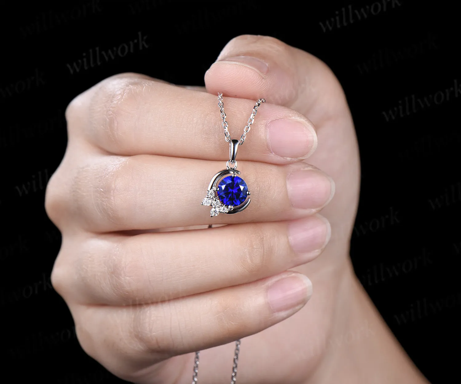 Vintage round sapphire necklace white gold diamonds cluster moon snowdrift pendant women gifts for her sold by Willwork Jewelry product image thumbnail 3