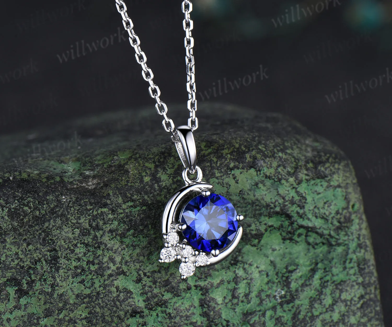 Vintage round sapphire necklace white gold diamonds cluster moon snowdrift pendant women gifts for her sold by Willwork Jewelry product image thumbnail 4