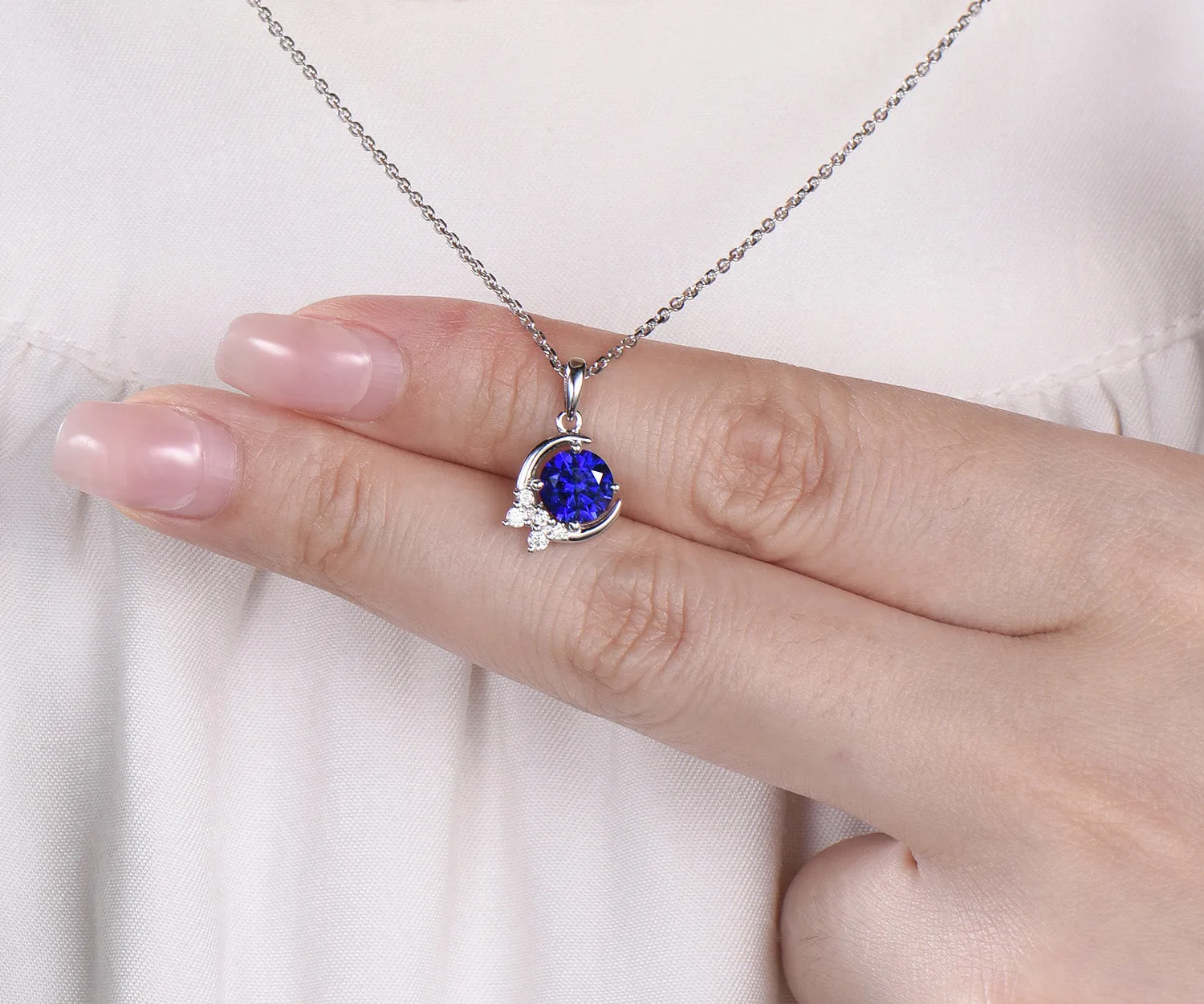 Vintage round sapphire necklace white gold diamonds cluster moon snowdrift pendant women gifts for her sold by Willwork Jewelry product image thumbnail 2