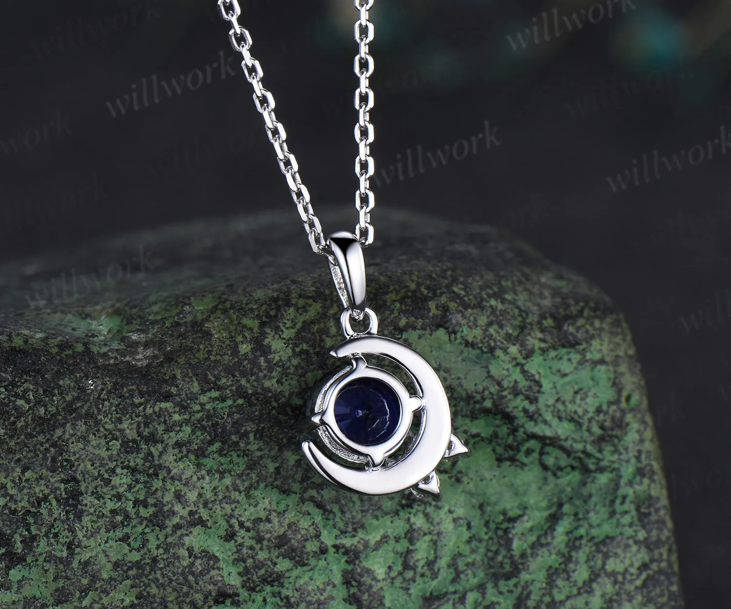 Vintage round sapphire necklace white gold diamonds cluster moon snowdrift pendant women gifts for her sold by Willwork Jewelry product image thumbnail 5
