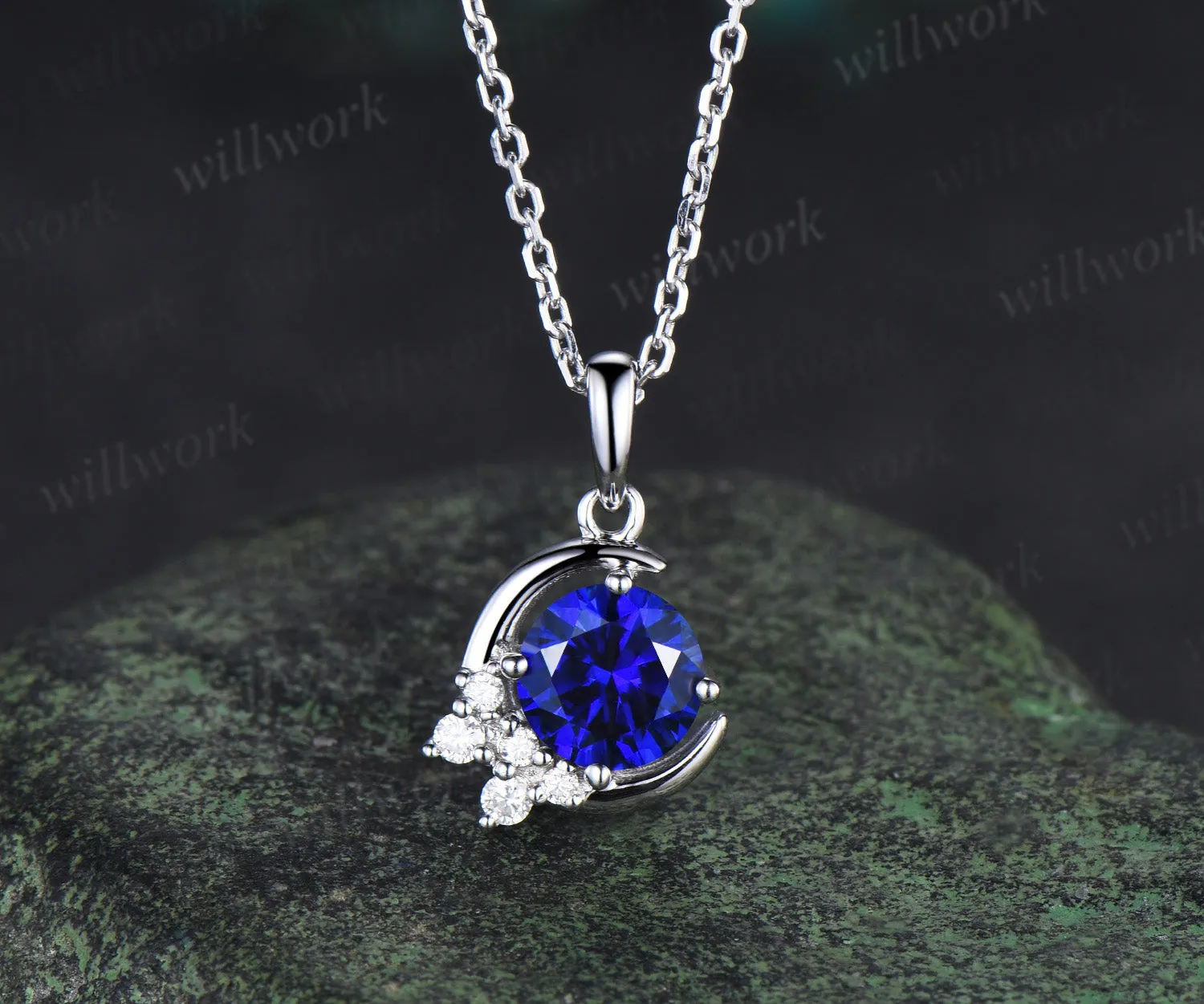 Vintage round sapphire necklace white gold diamonds cluster moon snowdrift pendant women gifts for her sold by Willwork Jewelry