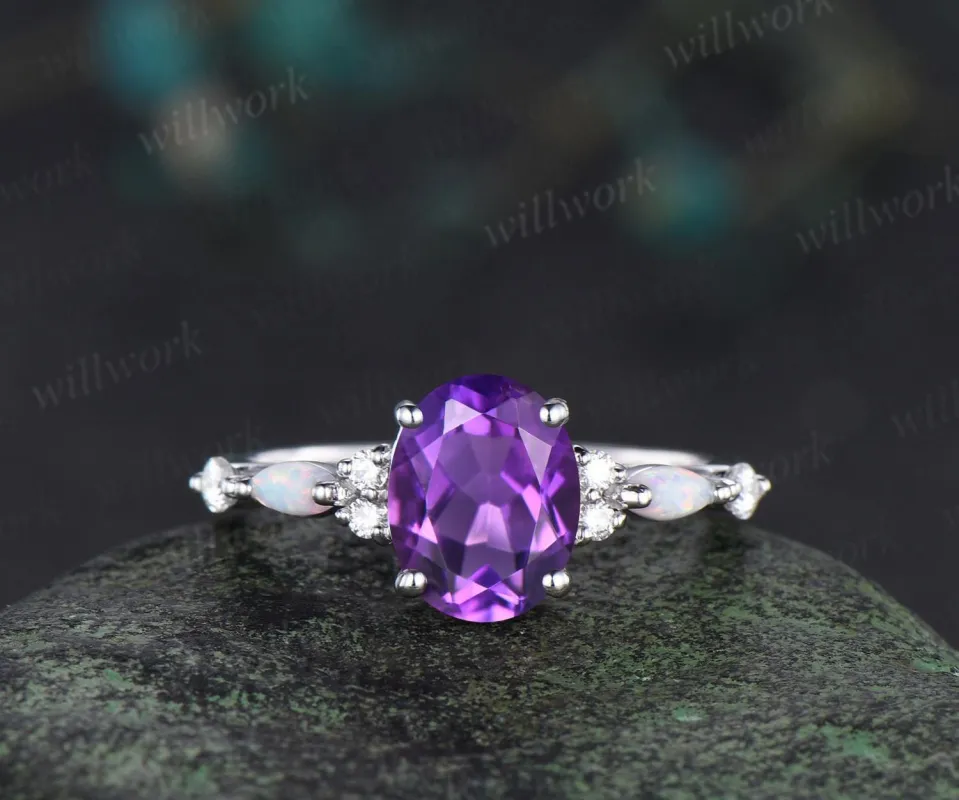 Oval cut purple amethyst opal ring vintage half eternity unique engagement ring anniversary wedding ring gift sold by Willwork Jewelry