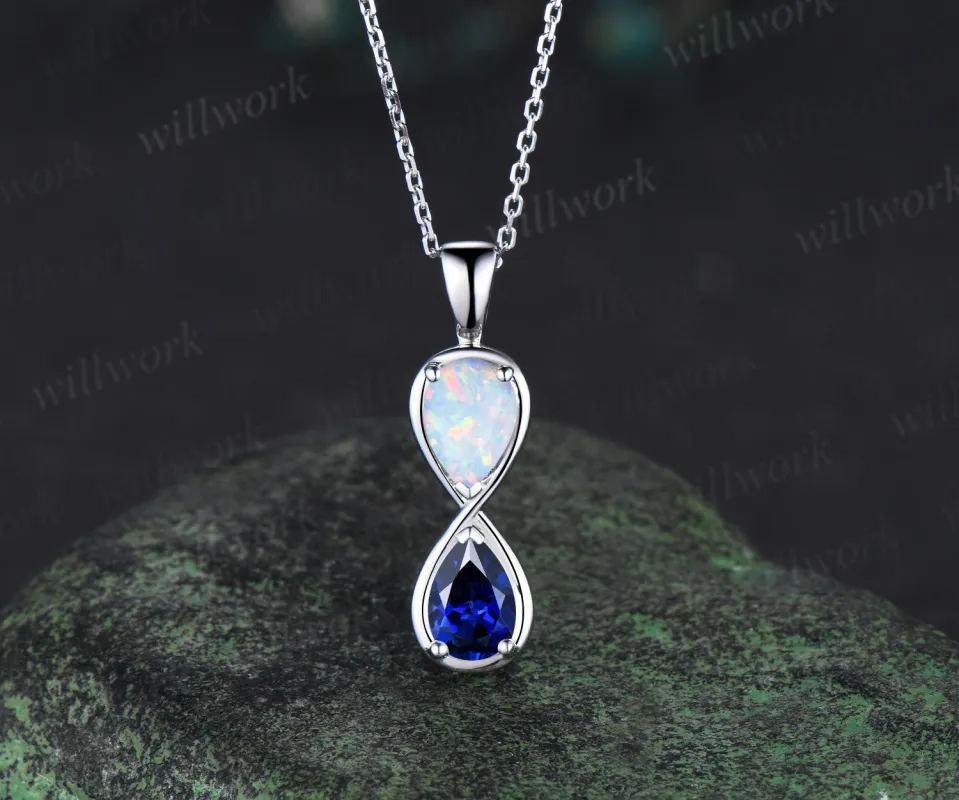 Pear cut opal sapphire pendant necklace dainty infinity white gold charm two birthstones Toi et Moi pendant necklace gifts made by Willwork Jewelry