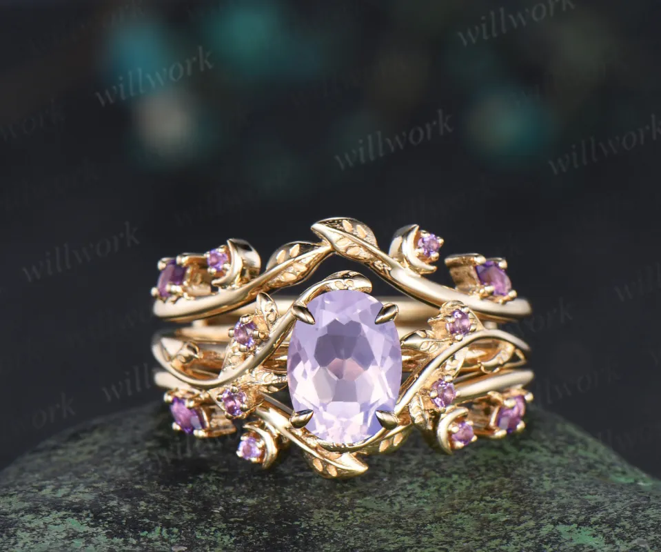 Oval lavender amethyst engagement ring set leaf twig amethysts ring marquise amethyst moon enhancer wraps unique bridal set sold by Willwork Jewelry