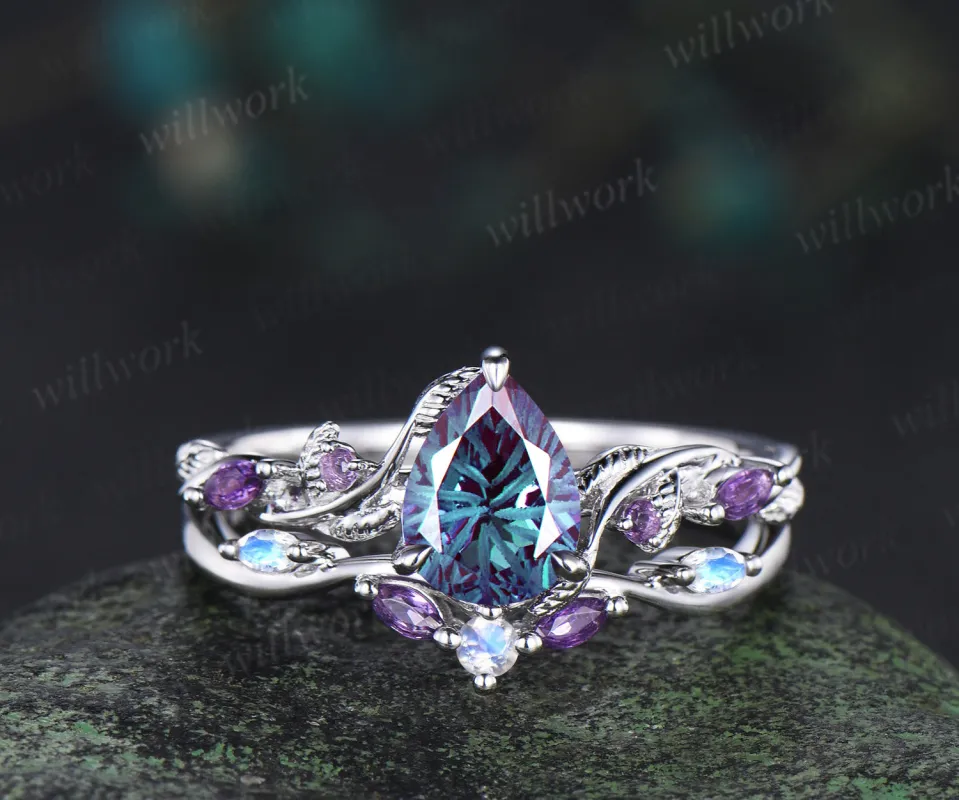 Fireworks cut Alexandrite ring white gold nature inspired bridal ring set leaf amethyst moonstone band gifts for her sold by Willwork Jewelry