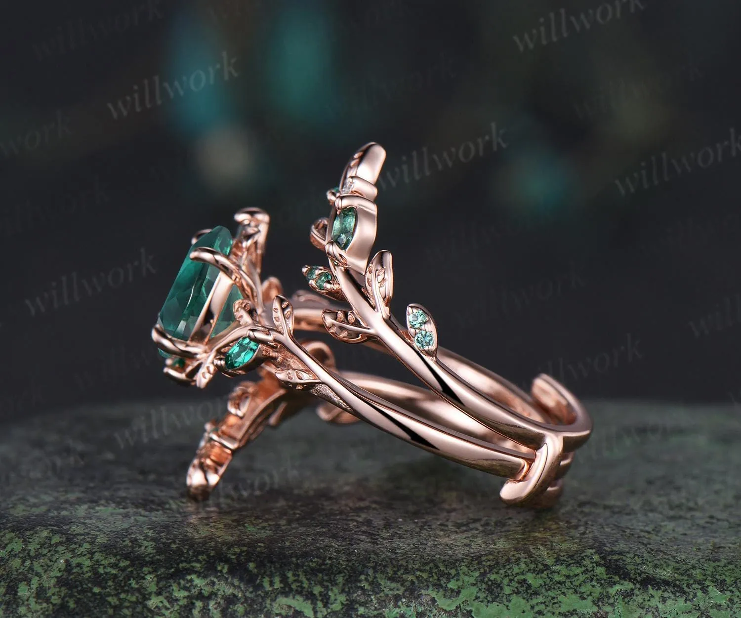 Vintage oval cut emerald engagement ring set 14k rose gold branch leaf cluster wedding band enhancer women unique promise bridal ring set sold by Willwork Jewelry product image thumbnail 5