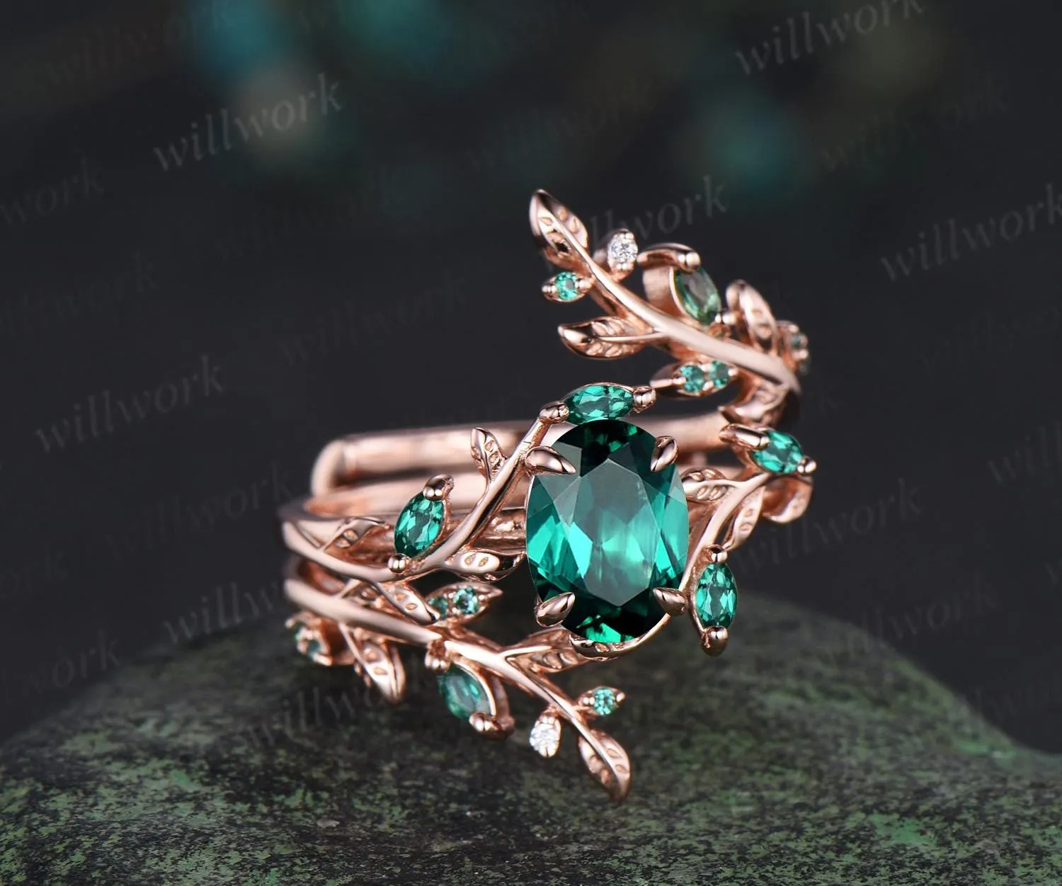 Vintage oval cut emerald engagement ring set 14k rose gold branch leaf cluster wedding band enhancer women unique promise bridal ring set sold by Willwork Jewelry product image thumbnail 3