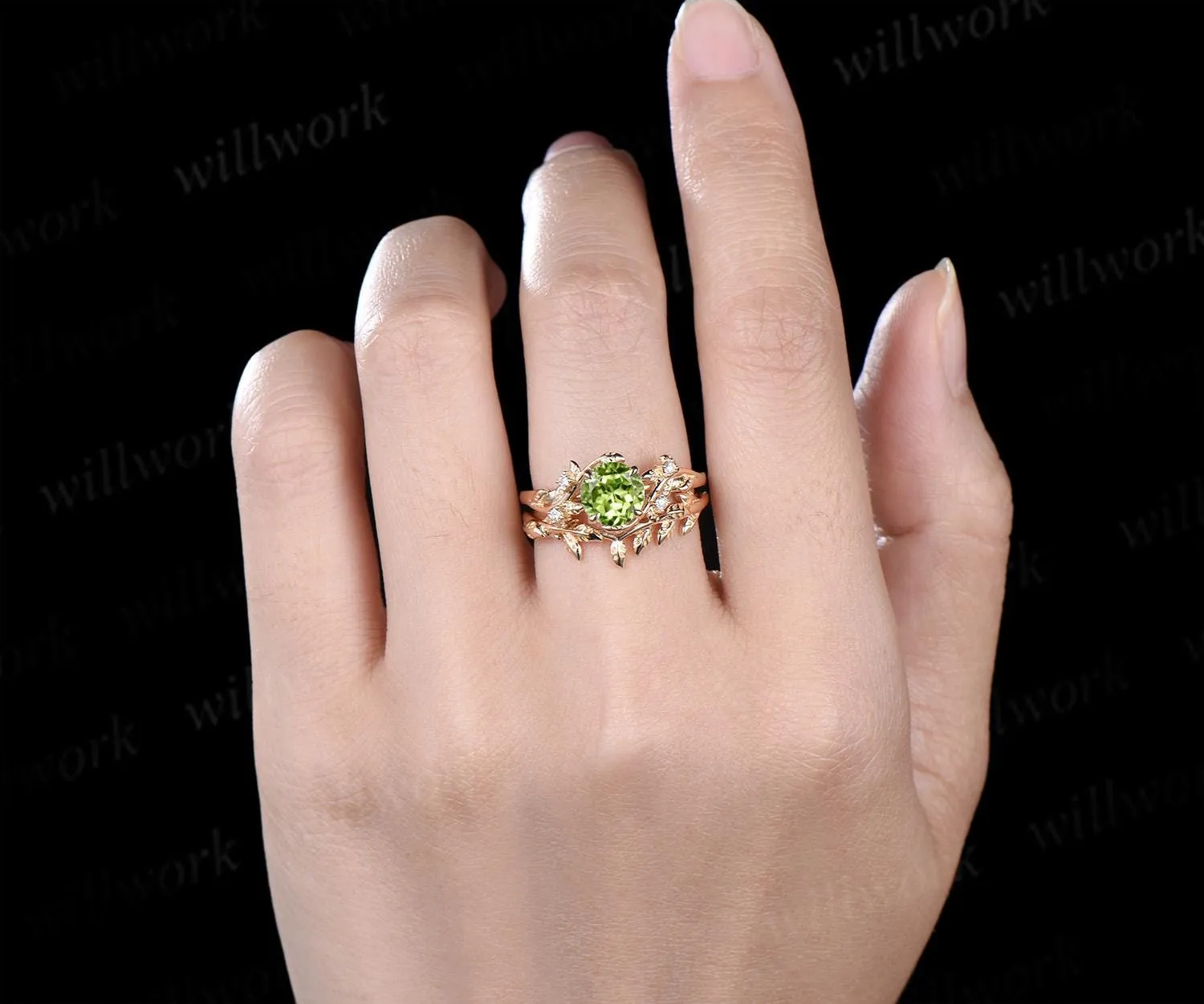 1ct round cut peridot engagement ring set leaf five stone 14k yellow gold ring nature inspired art deco wedding bridal ring set women sold by Willwork Jewelry product image thumbnail 4