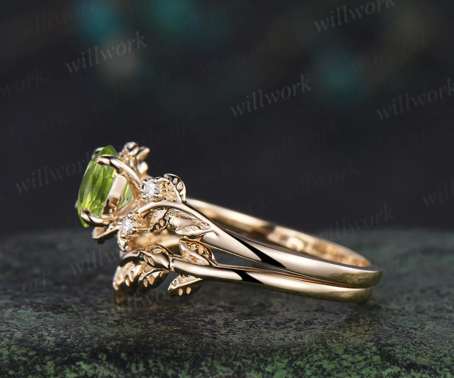 1ct round cut peridot engagement ring set leaf five stone 14k yellow gold ring nature inspired art deco wedding bridal ring set women sold by Willwork Jewelry product image thumbnail 5