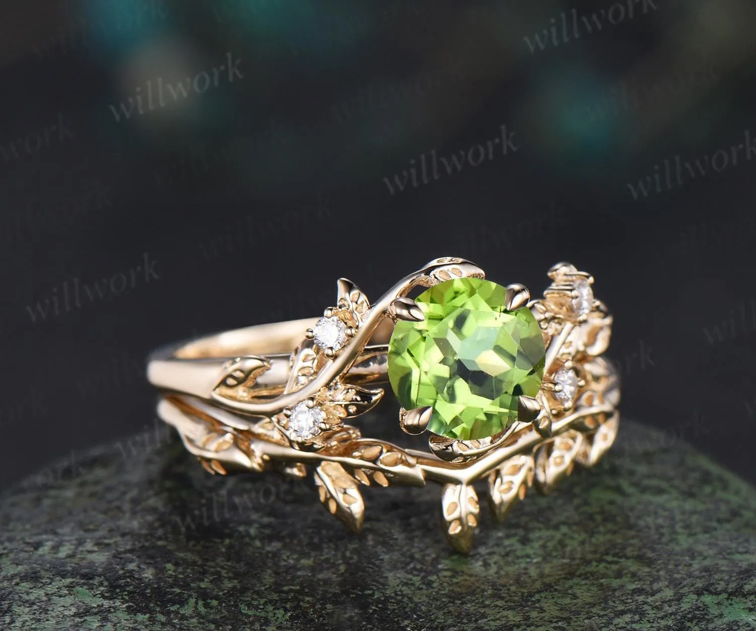 1ct round cut peridot engagement ring set leaf five stone 14k yellow gold ring nature inspired art deco wedding bridal ring set women sold by Willwork Jewelry product image thumbnail 3