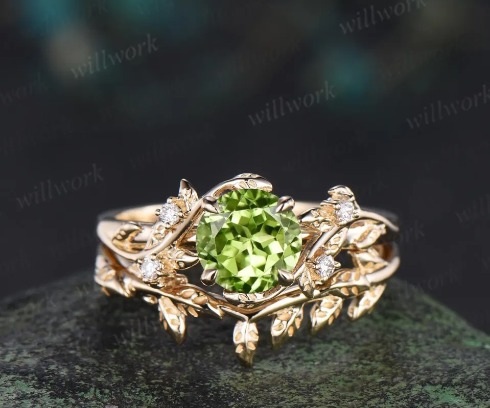 1ct round cut peridot engagement ring set leaf five stone 14k yellow gold ring nature inspired art deco wedding bridal ring set women sold by Willwork Jewelry