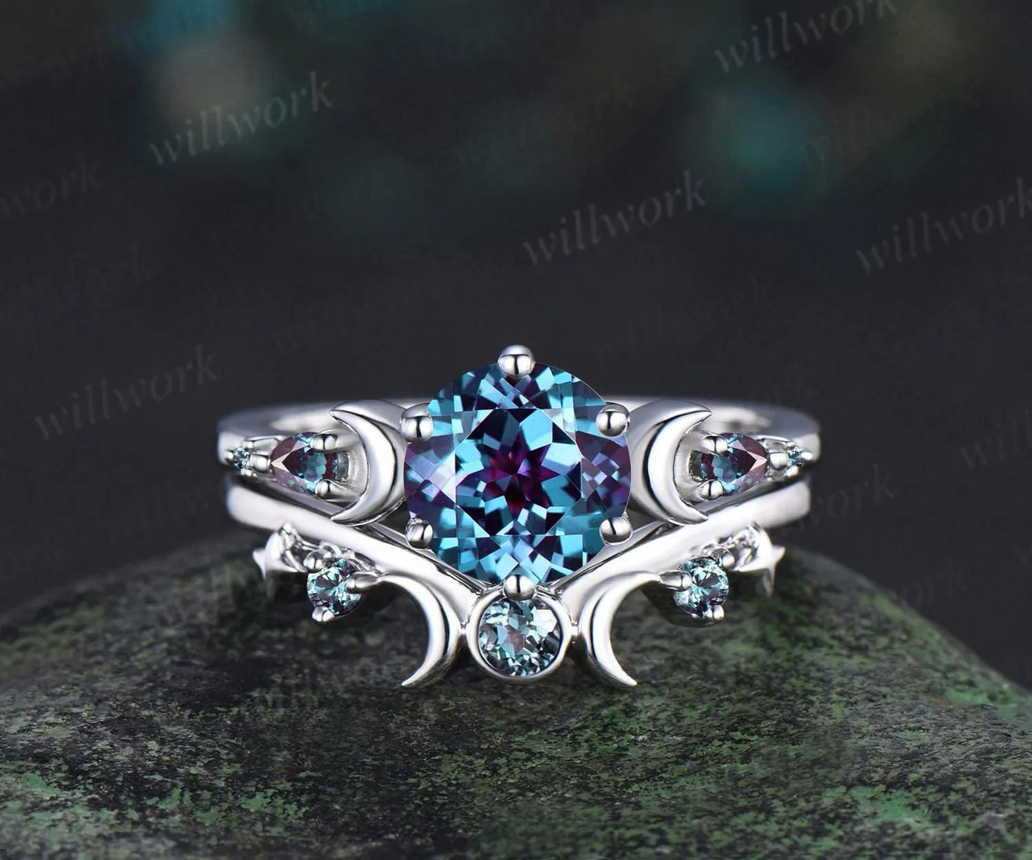 Round cut Alexandrite ring vintage 18k white gold moon five stone unique engagement ring bezel sun star ring jewelry color change gemstone sold by Willwork Jewelry