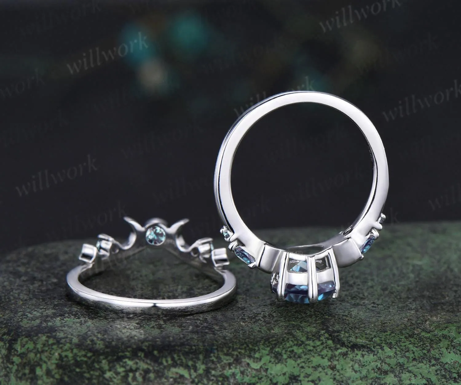 Round cut Alexandrite ring vintage 18k white gold moon five stone unique engagement ring bezel sun star ring jewelry color change gemstone sold by Willwork Jewelry product image thumbnail 5