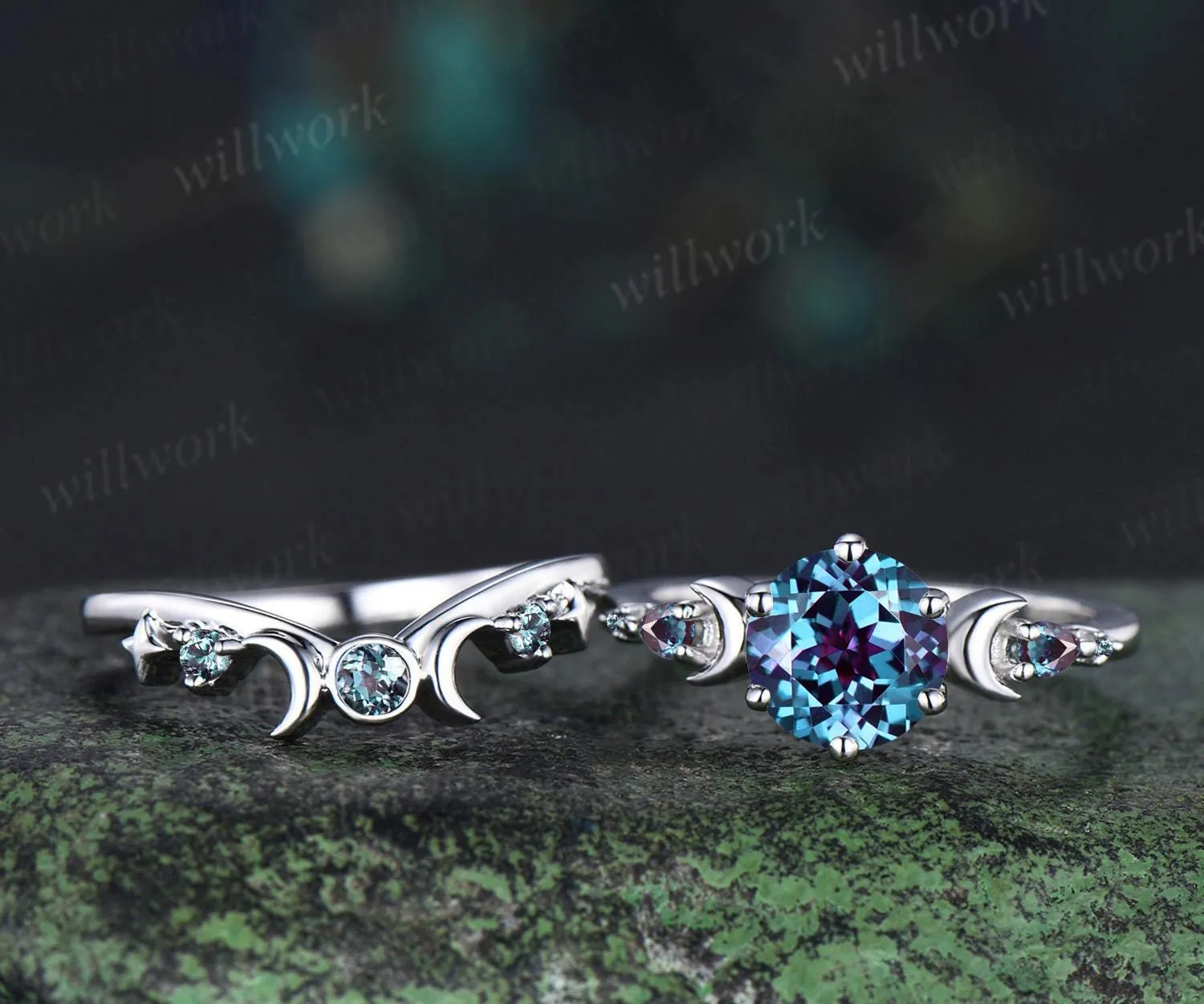 Round cut Alexandrite ring vintage 18k white gold moon five stone unique engagement ring bezel sun star ring jewelry color change gemstone sold by Willwork Jewelry product image thumbnail 2