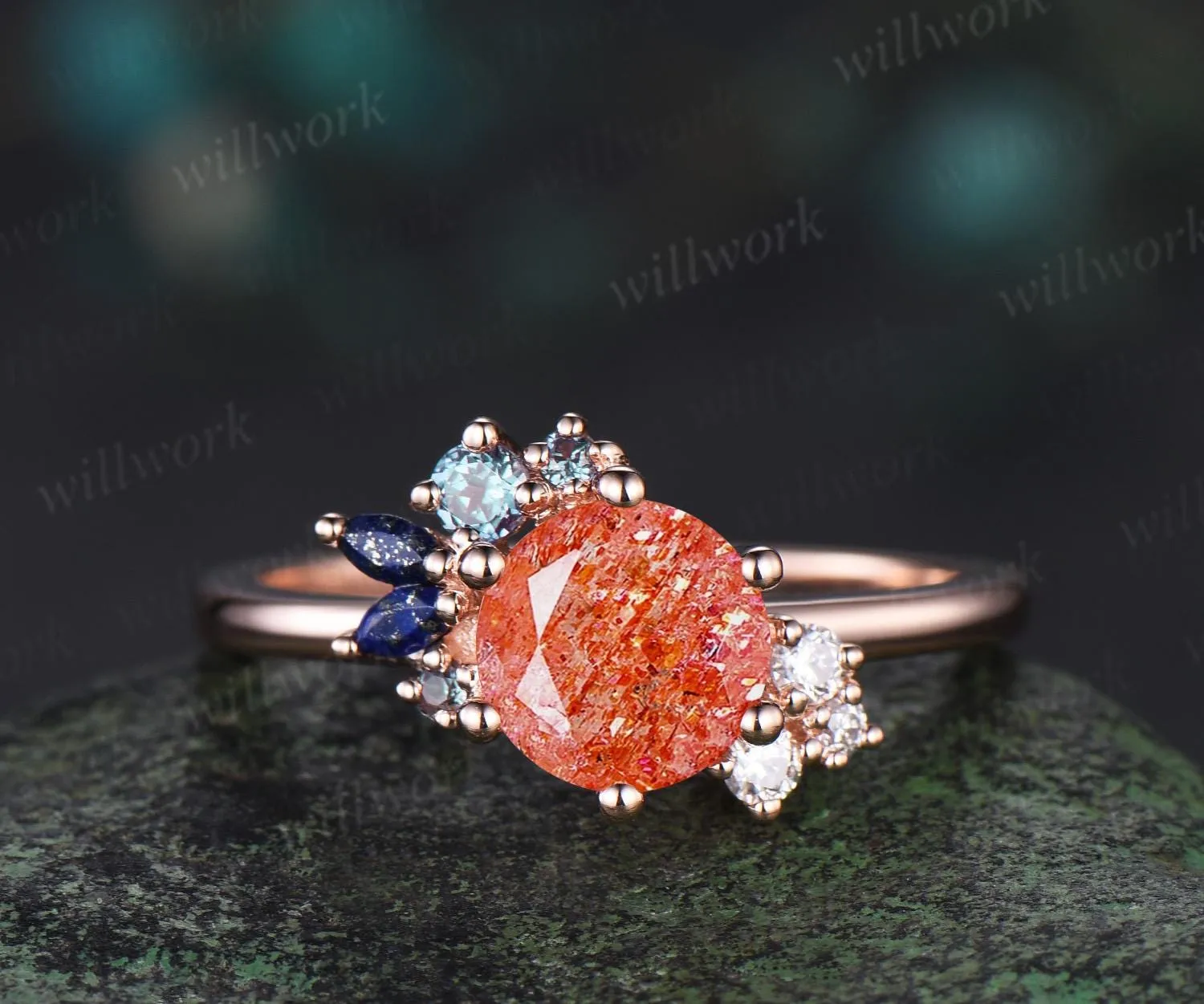 Round cut sunstone engagement ring rose gold cluster alexandrite lapis lazuli wedding ring women 6 prong bridal ring sold by Willwork Jewelry