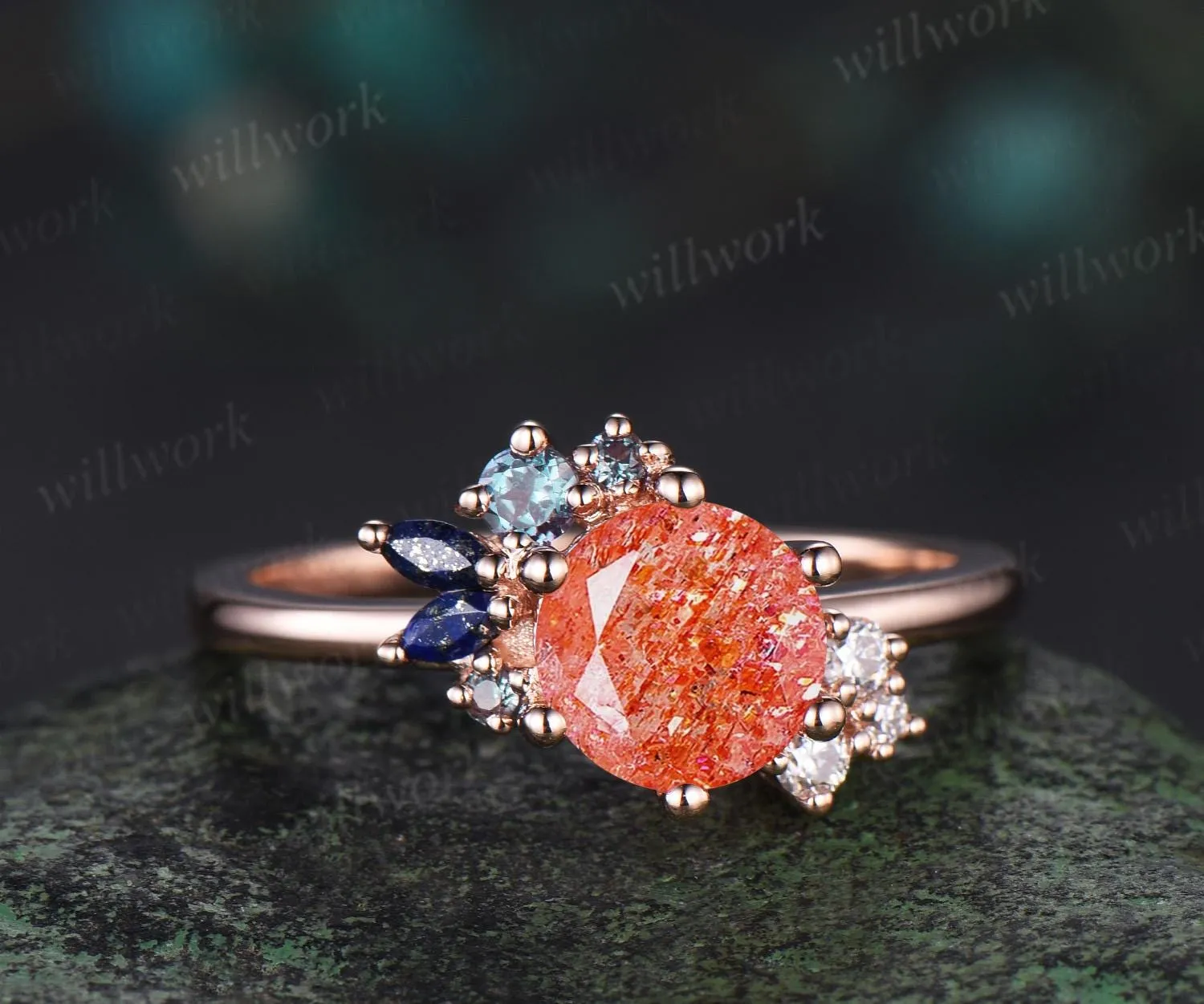 Round cut sunstone engagement ring rose gold cluster alexandrite lapis lazuli wedding ring women 6 prong bridal ring sold by Willwork Jewelry product image thumbnail 2