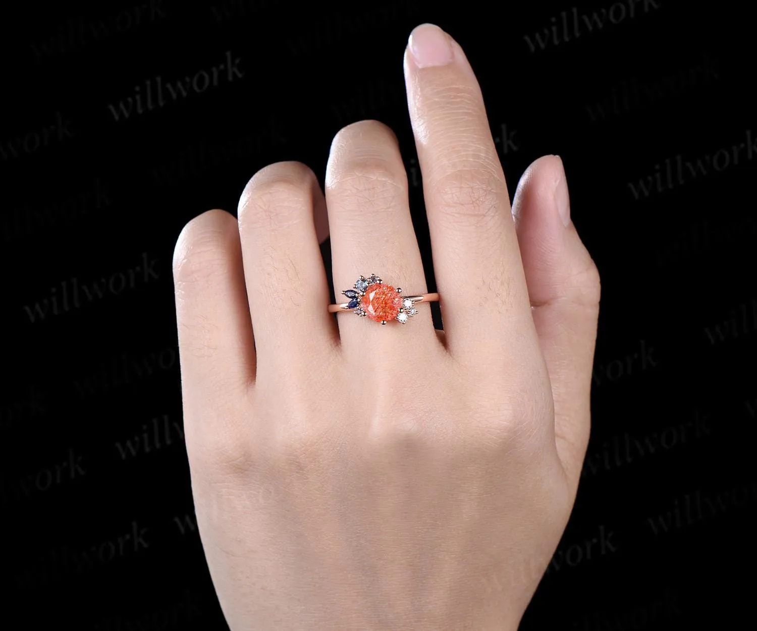 Round cut sunstone engagement ring rose gold cluster alexandrite lapis lazuli wedding ring women 6 prong bridal ring sold by Willwork Jewelry product image thumbnail 3