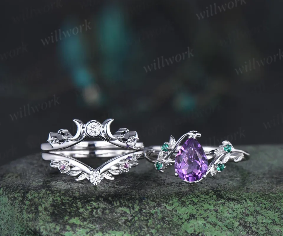 Unique pear amethyst engagement ring set leaf sun moon bridal set women emerald nature inspired wedding ring set jewelry sold by Willwork Jewelry