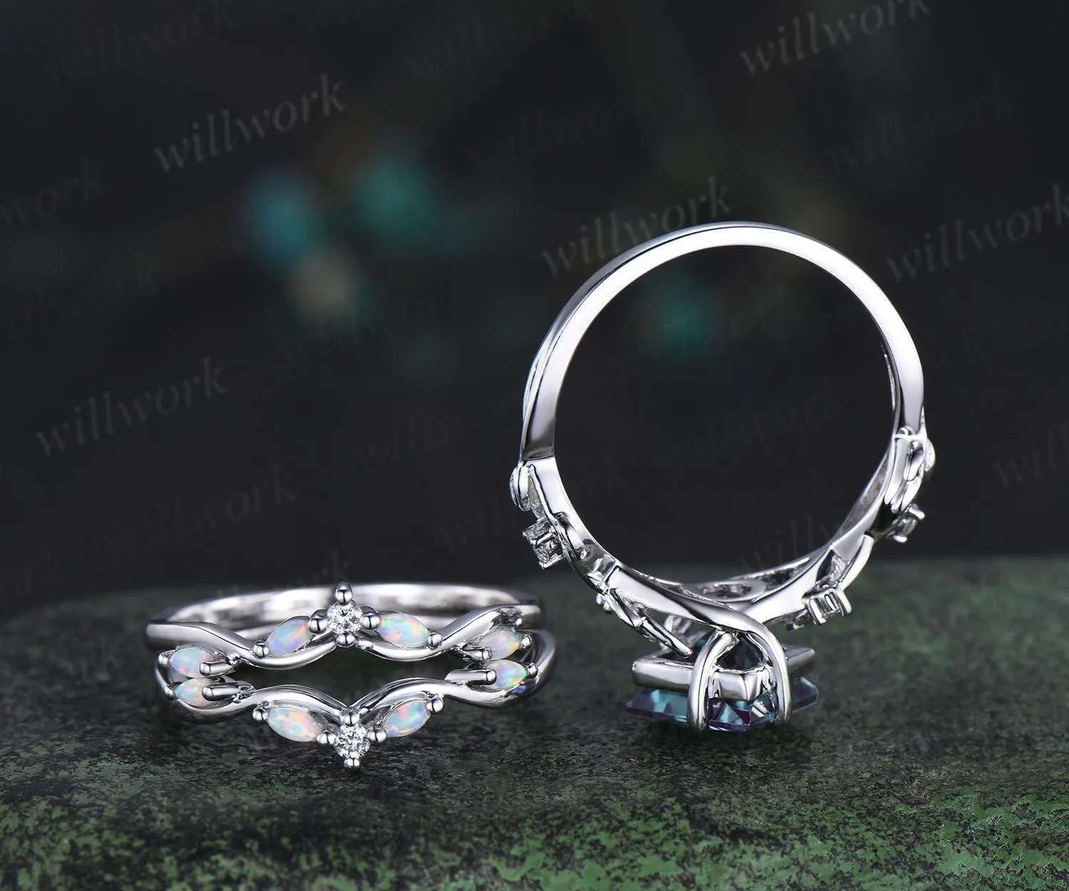 Vintage princess cut Alexandrite engagement ring set 14k white gold leaf opal wedding ring set jewelry June birthstone ring sold by Willwork Jewelry product image thumbnail 5