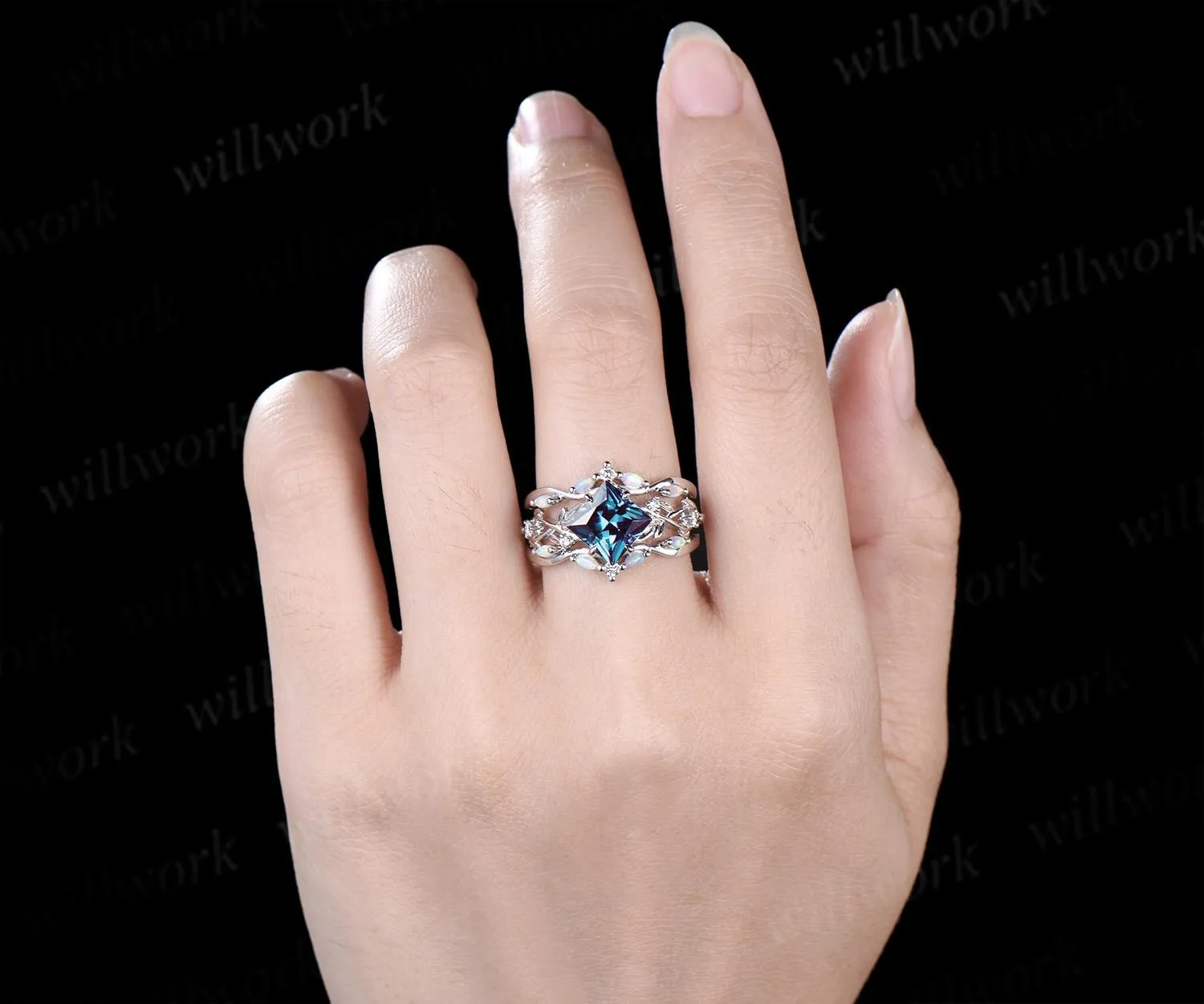 Vintage princess cut Alexandrite engagement ring set 14k white gold leaf opal wedding ring set jewelry June birthstone ring sold by Willwork Jewelry product image thumbnail 3