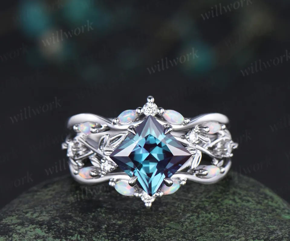 Vintage princess cut Alexandrite engagement ring set 14k white gold leaf opal wedding ring set jewelry June birthstone ring sold by Willwork Jewelry