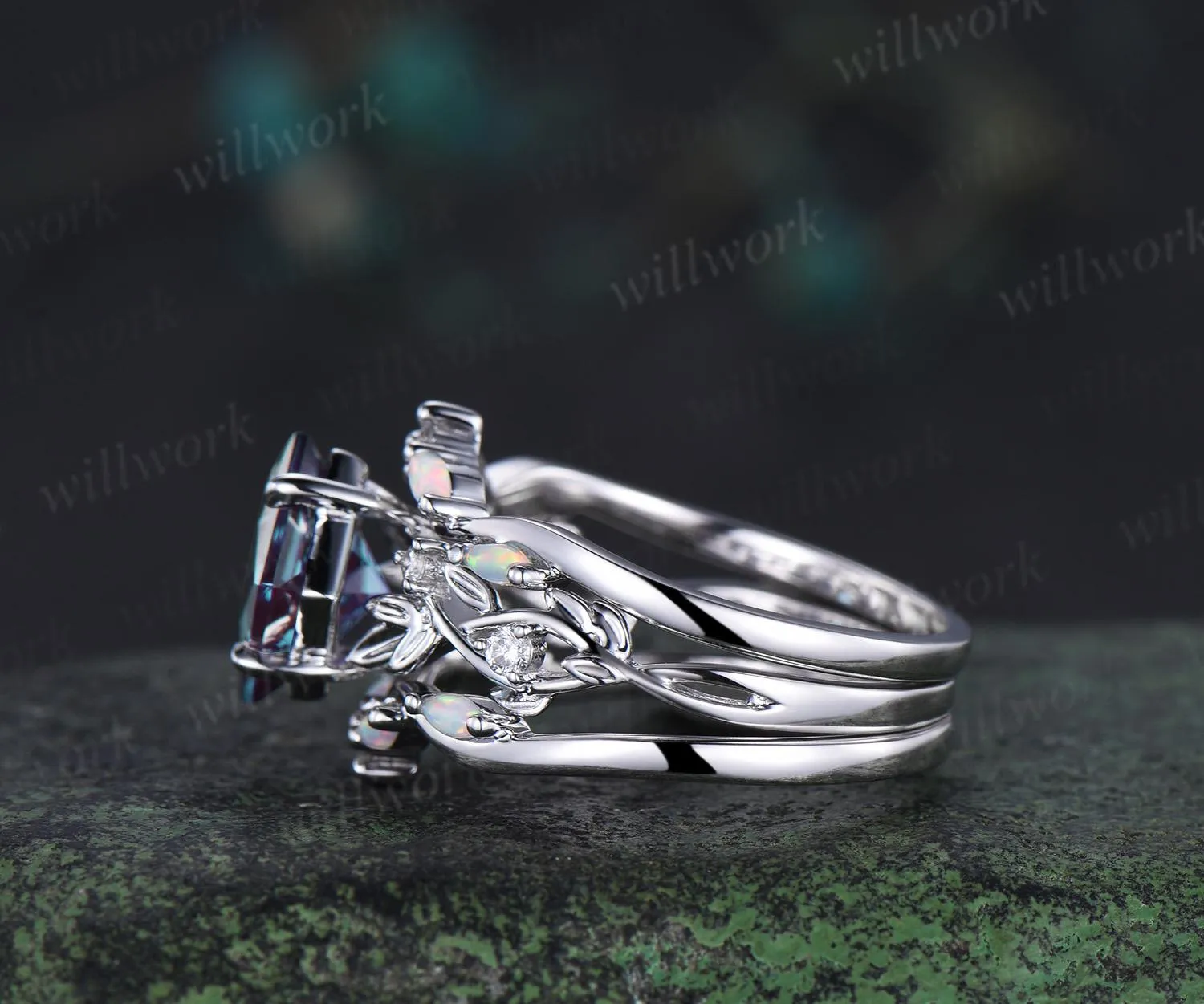 Vintage princess cut Alexandrite engagement ring set 14k white gold leaf opal wedding ring set jewelry June birthstone ring sold by Willwork Jewelry product image thumbnail 4