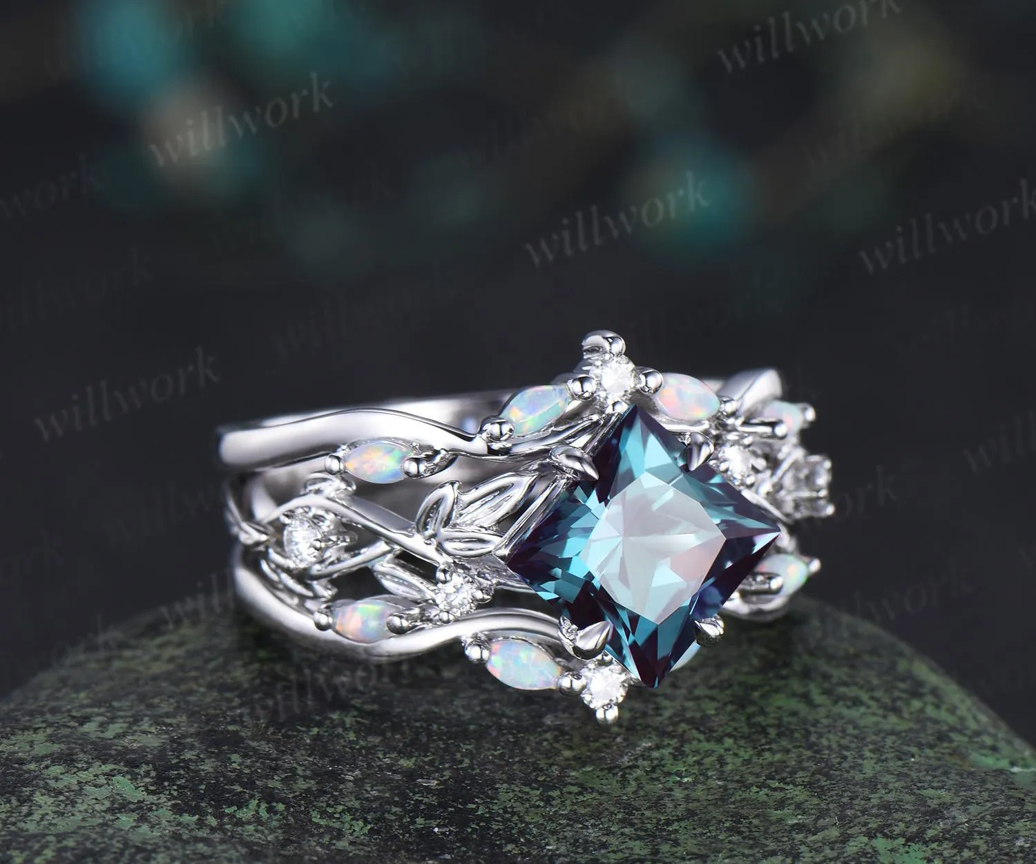 Vintage princess cut Alexandrite engagement ring set 14k white gold leaf opal wedding ring set jewelry June birthstone ring sold by Willwork Jewelry product image thumbnail 2