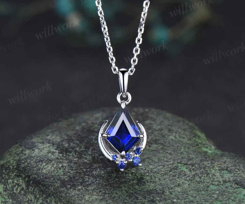 Kite blue sapphire necklace solid 14k 18k white gold vintage unique cluster moon pendant women her gemstone anniversary bridal gift mother sold by Willwork Jewelry