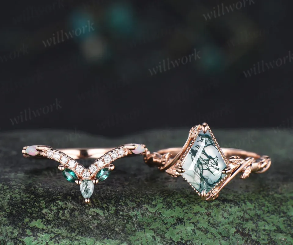 Vintage kite cut natural moss agate engagement ring set 14k rose gold branch nature inspired leaf opal bridal ring set women jewelry sold by Willwork Jewelry