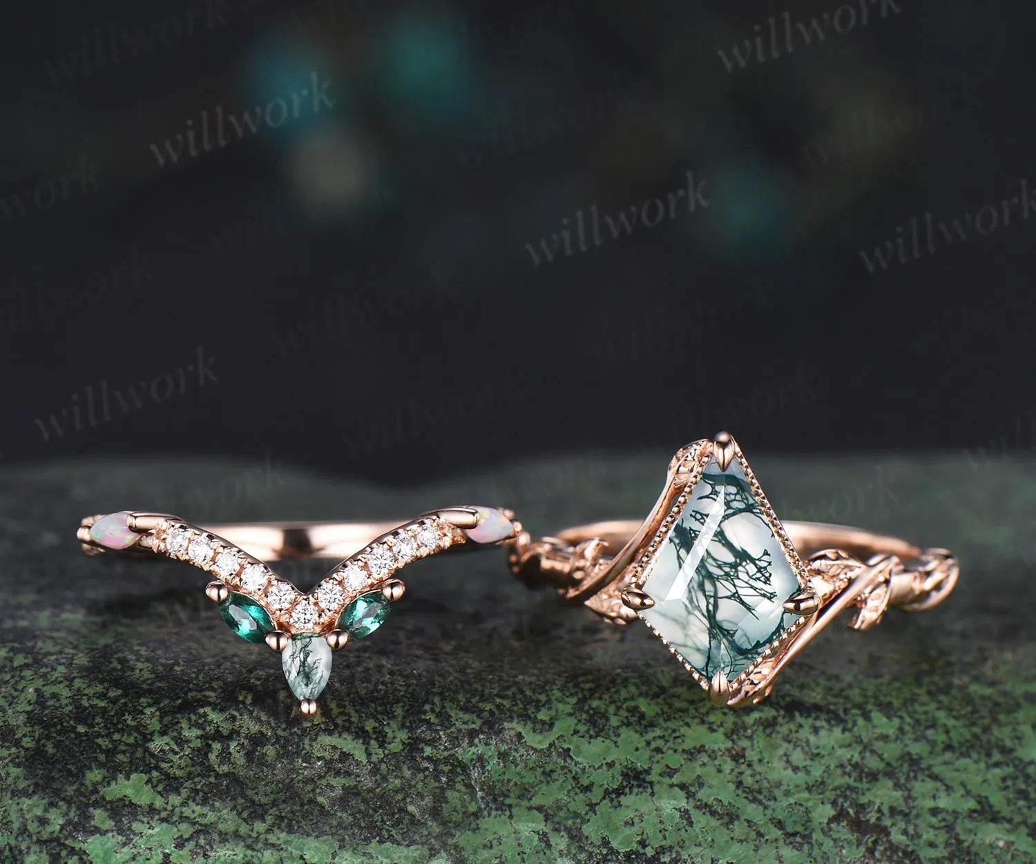 Vintage kite cut natural moss agate engagement ring set 14k rose gold branch nature inspired leaf opal bridal ring set women jewelry sold by Willwork Jewelry