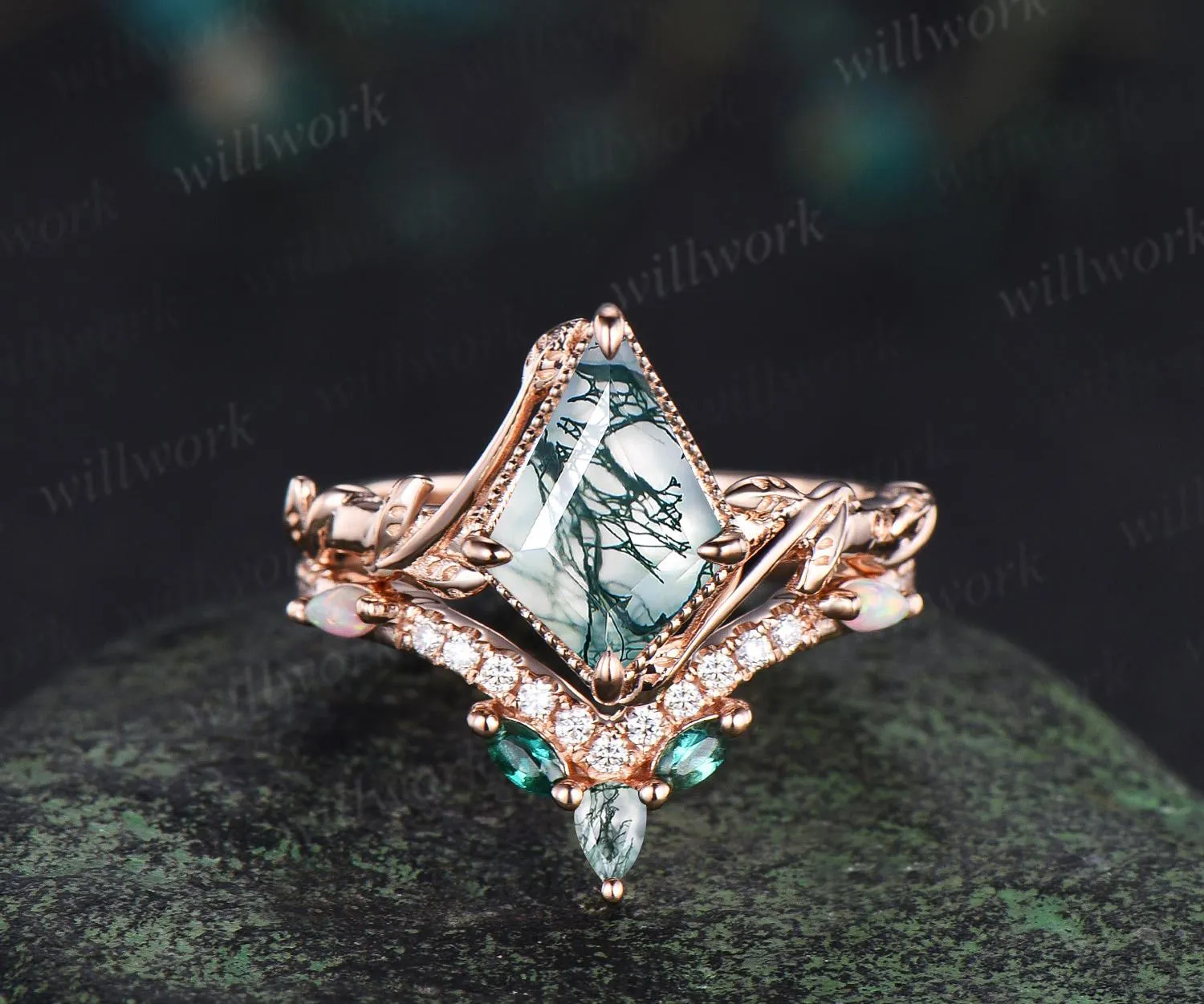 Vintage kite cut natural moss agate engagement ring set 14k rose gold branch nature inspired leaf opal bridal ring set women jewelry sold by Willwork Jewelry product image thumbnail 2