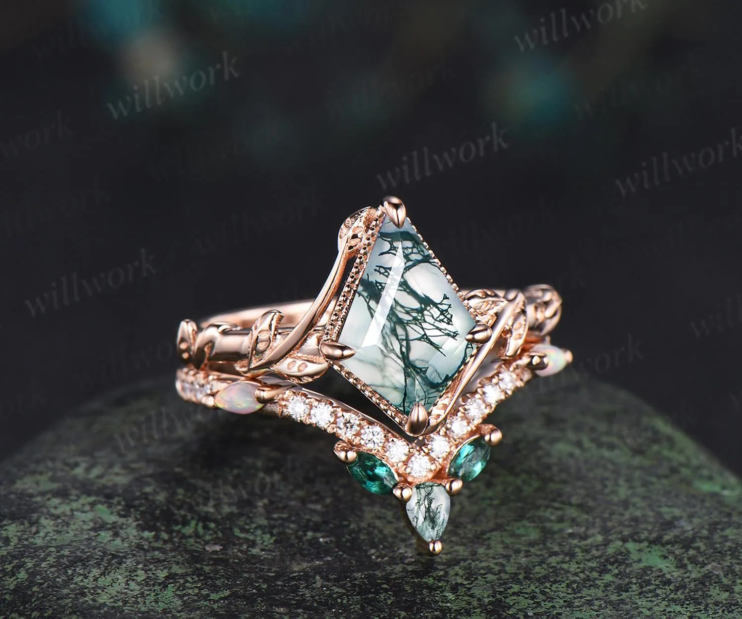 Vintage kite cut natural moss agate engagement ring set 14k rose gold branch nature inspired leaf opal bridal ring set women jewelry sold by Willwork Jewelry product image thumbnail 3