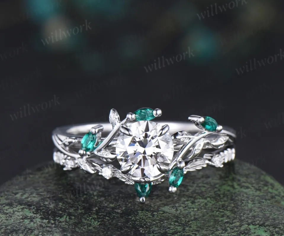 1ct round cut IGI Lab grown diamond ring 14k white gold branch leaf nature inspired engagement ring emerald bridal set women jewelry sold by Willwork Jewelry