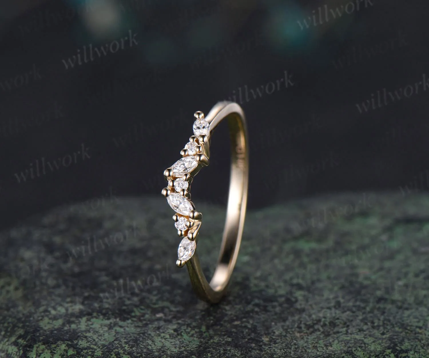 Cluster marquise cut moissanite diamond wedding band 14k yellow gold stacking bridal ring women gift sold by Willwork Jewelry product image thumbnail 2