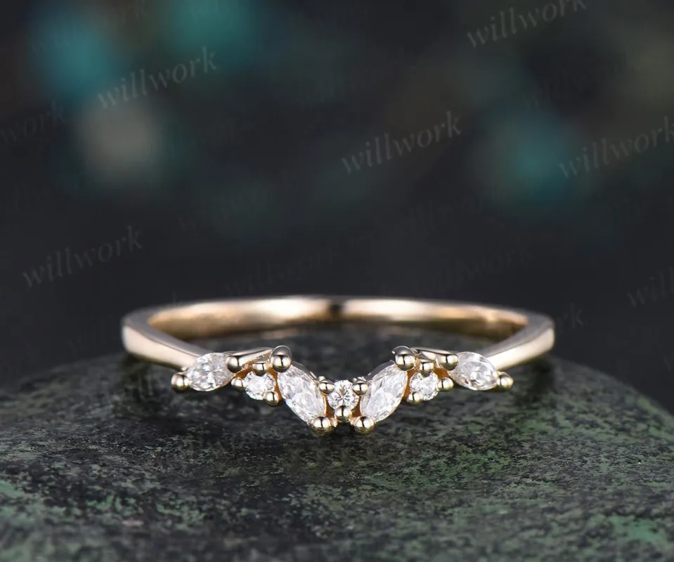 Cluster marquise cut moissanite diamond wedding band 14k yellow gold stacking bridal ring women gift sold by Willwork Jewelry