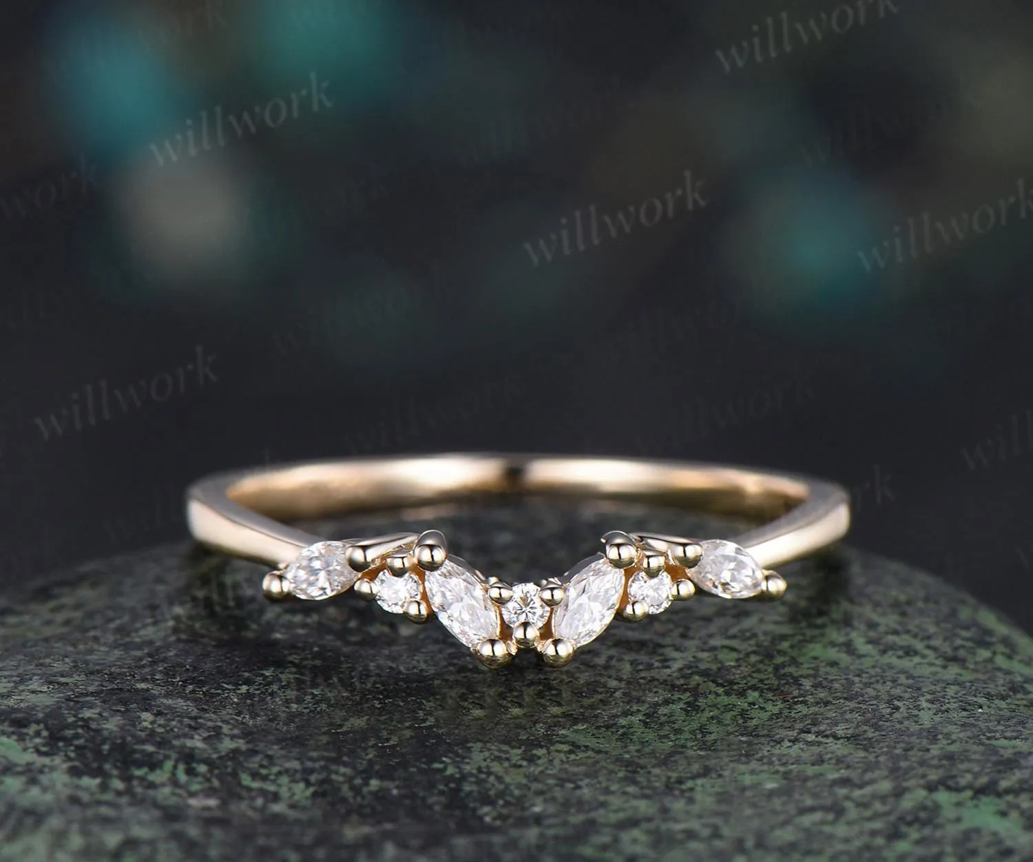 Cluster marquise cut moissanite diamond wedding band 14k yellow gold stacking bridal ring women gift sold by Willwork Jewelry