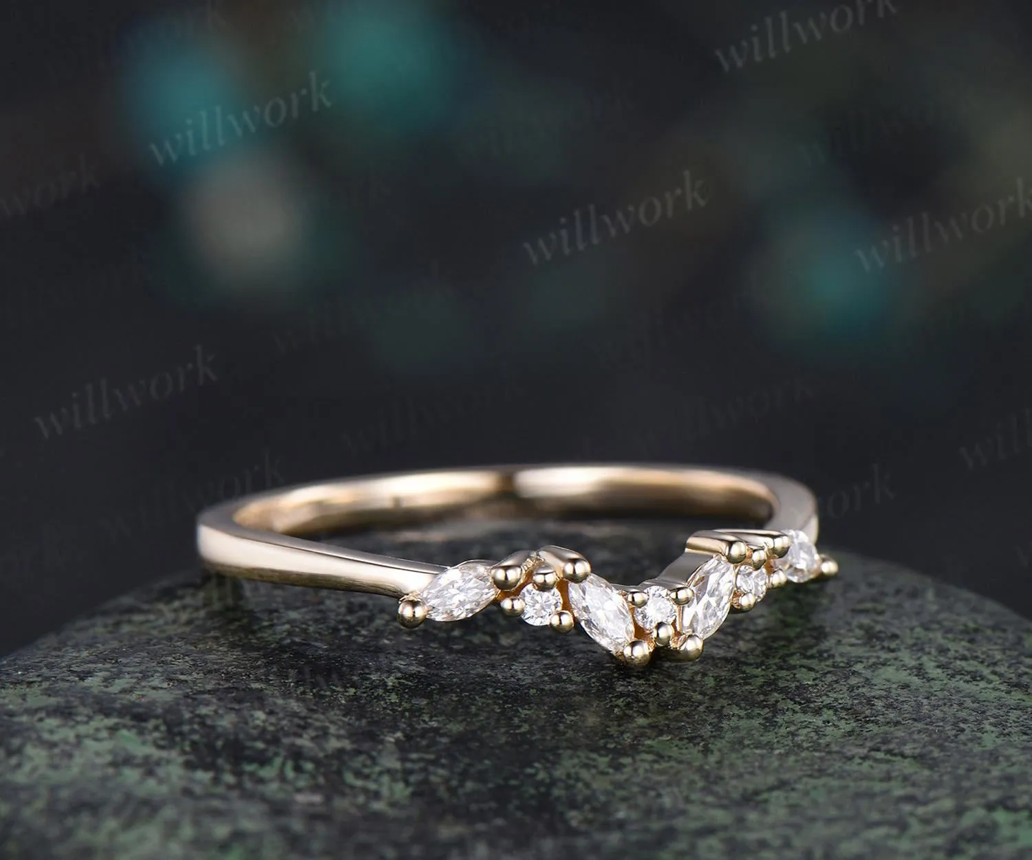 Cluster marquise cut moissanite diamond wedding band 14k yellow gold stacking bridal ring women gift sold by Willwork Jewelry product image thumbnail 4