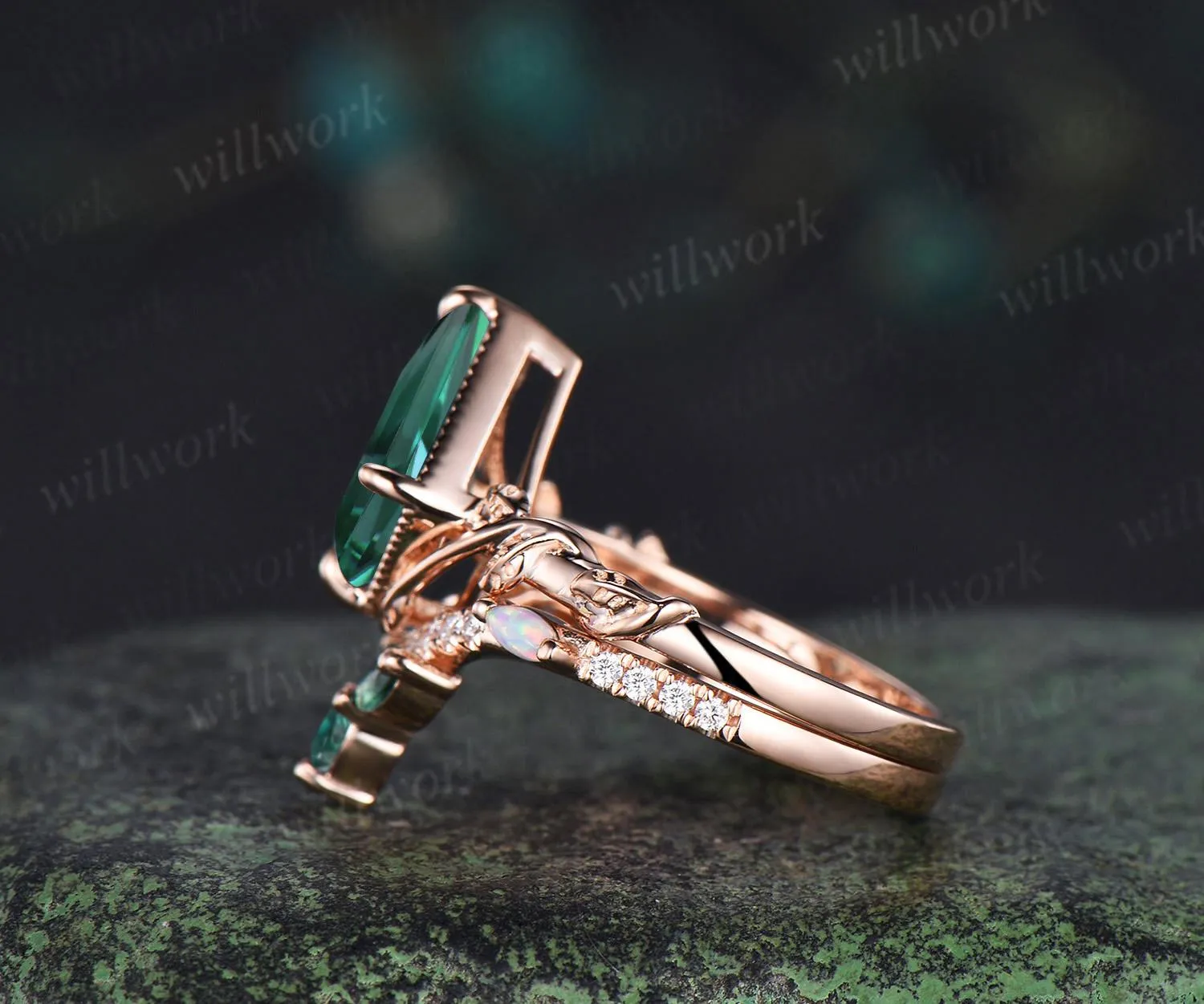 Vintage kite cut green emerald engagement ring set 14k rose gold branch nature inspired leaf opal bridal ring set women jewelry sold by Willwork Jewelry product image thumbnail 5