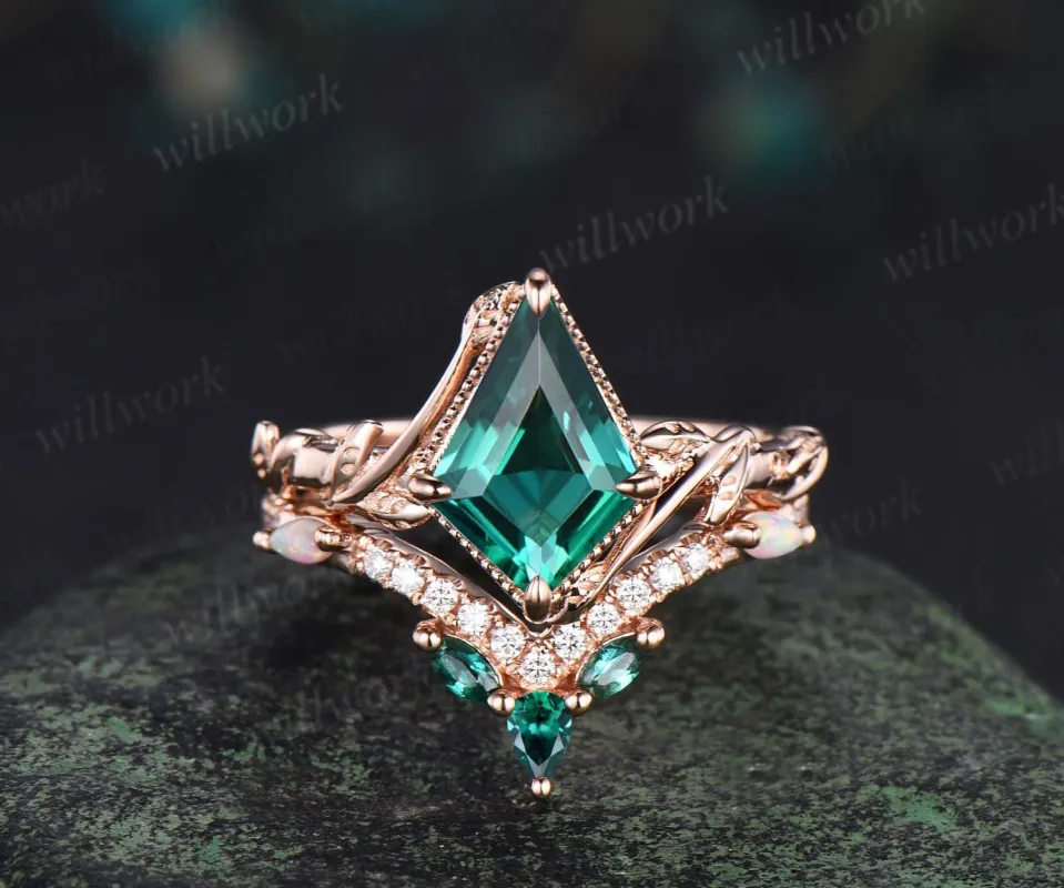 Vintage kite cut green emerald engagement ring set 14k rose gold branch nature inspired leaf opal bridal ring set women jewelry sold by Willwork Jewelry