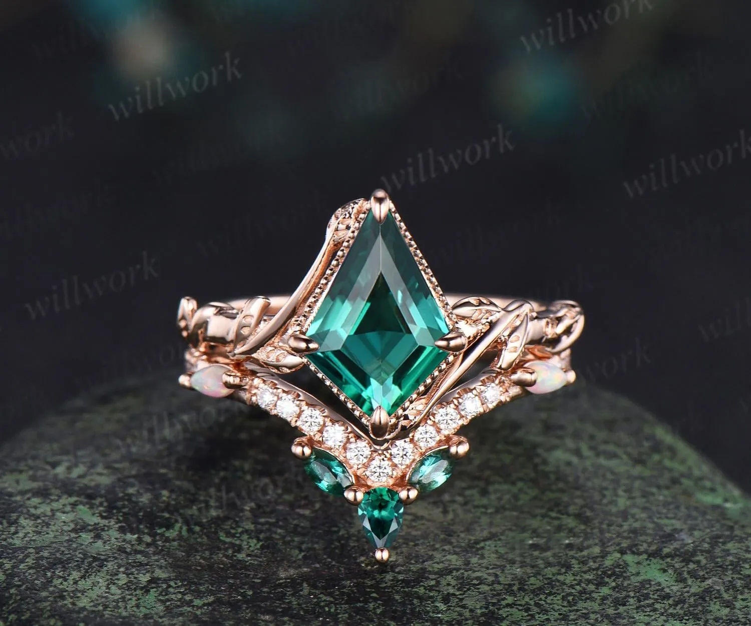 Vintage kite cut green emerald engagement ring set 14k rose gold branch nature inspired leaf opal bridal ring set women jewelry sold by Willwork Jewelry