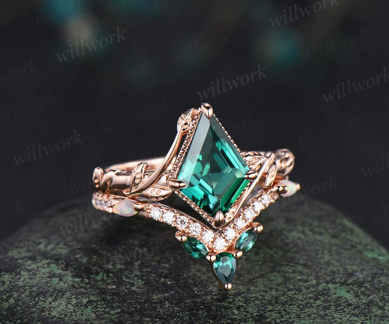 Vintage kite cut green emerald engagement ring set 14k rose gold branch nature inspired leaf opal bridal ring set women jewelry sold by Willwork Jewelry product image thumbnail 4