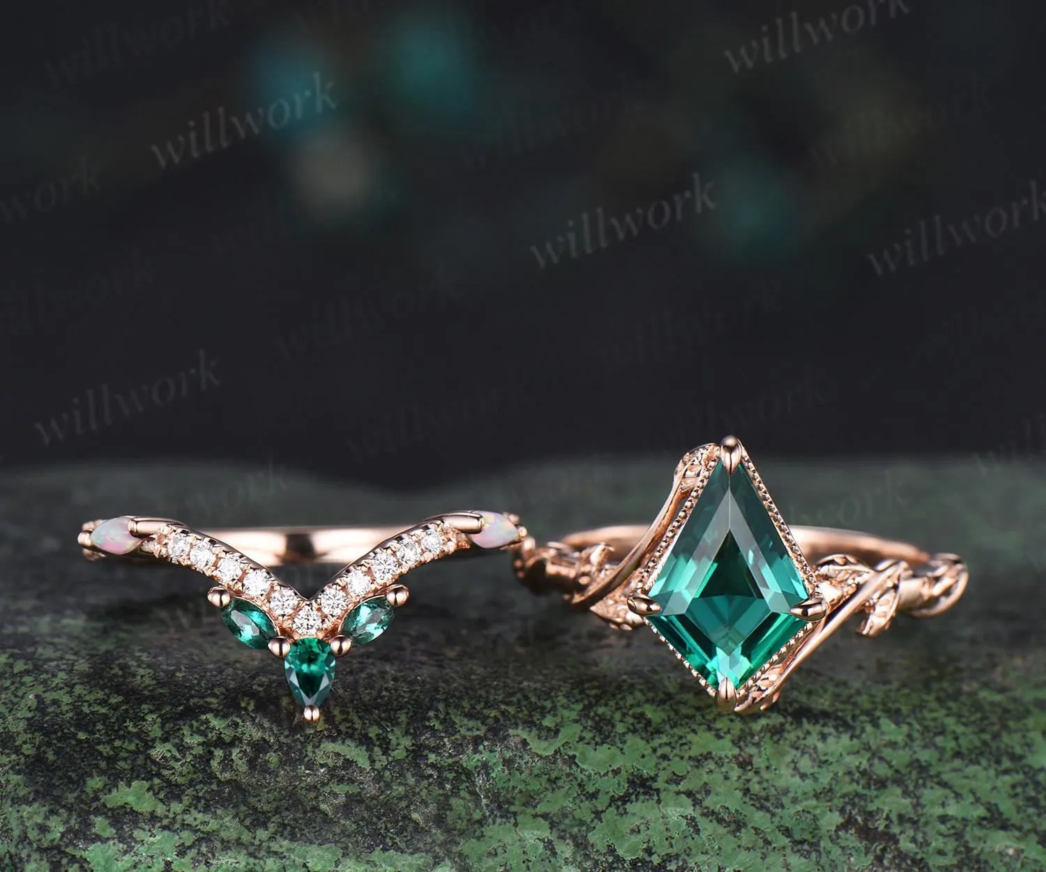 Vintage kite cut green emerald engagement ring set 14k rose gold branch nature inspired leaf opal bridal ring set women jewelry sold by Willwork Jewelry product image thumbnail 2