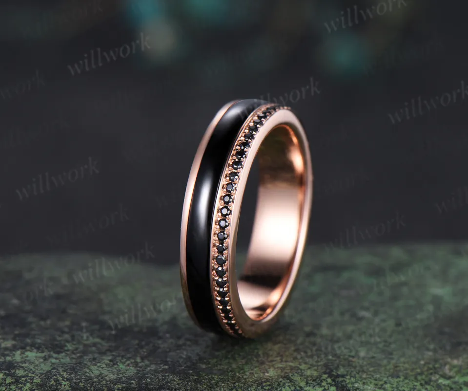 Full eternity bezel black onyx wedding band mens double line black spinel 18k rose gold ring unique engagement bridal ring him sold by Willwork Jewelry