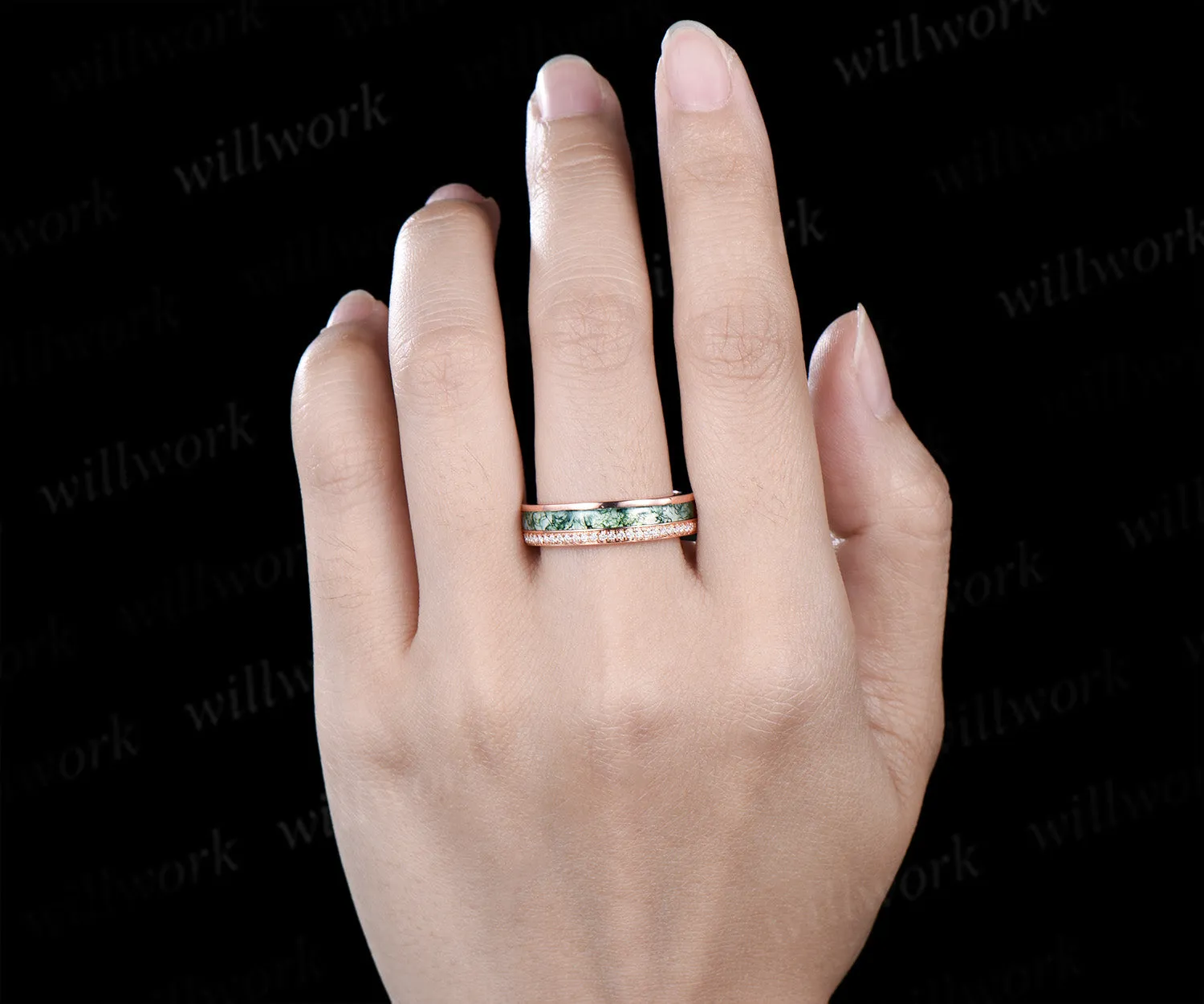 Full eternity bezel moss agate wedding band mens double line moissanite 14k rose gold ring unique engagement bridal ring for husband him sold by Willwork Jewelry product image thumbnail 3
