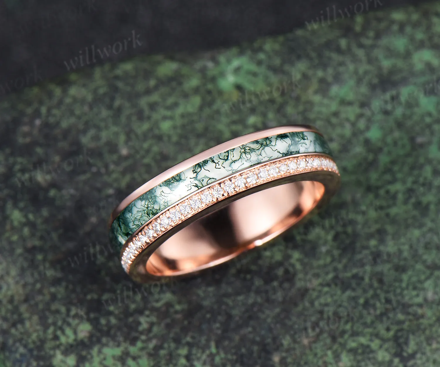 Full eternity bezel moss agate wedding band mens double line moissanite 14k rose gold ring unique engagement bridal ring for husband him sold by Willwork Jewelry product image thumbnail 4