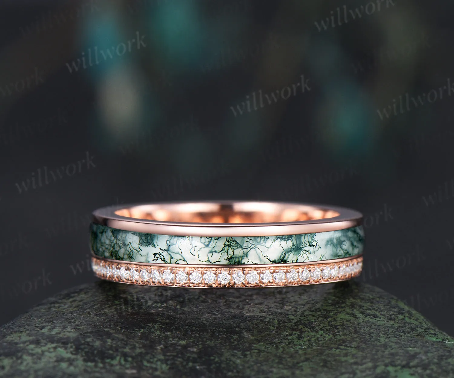 Full eternity bezel moss agate wedding band mens double line moissanite 14k rose gold ring unique engagement bridal ring for husband him sold by Willwork Jewelry product image thumbnail 2