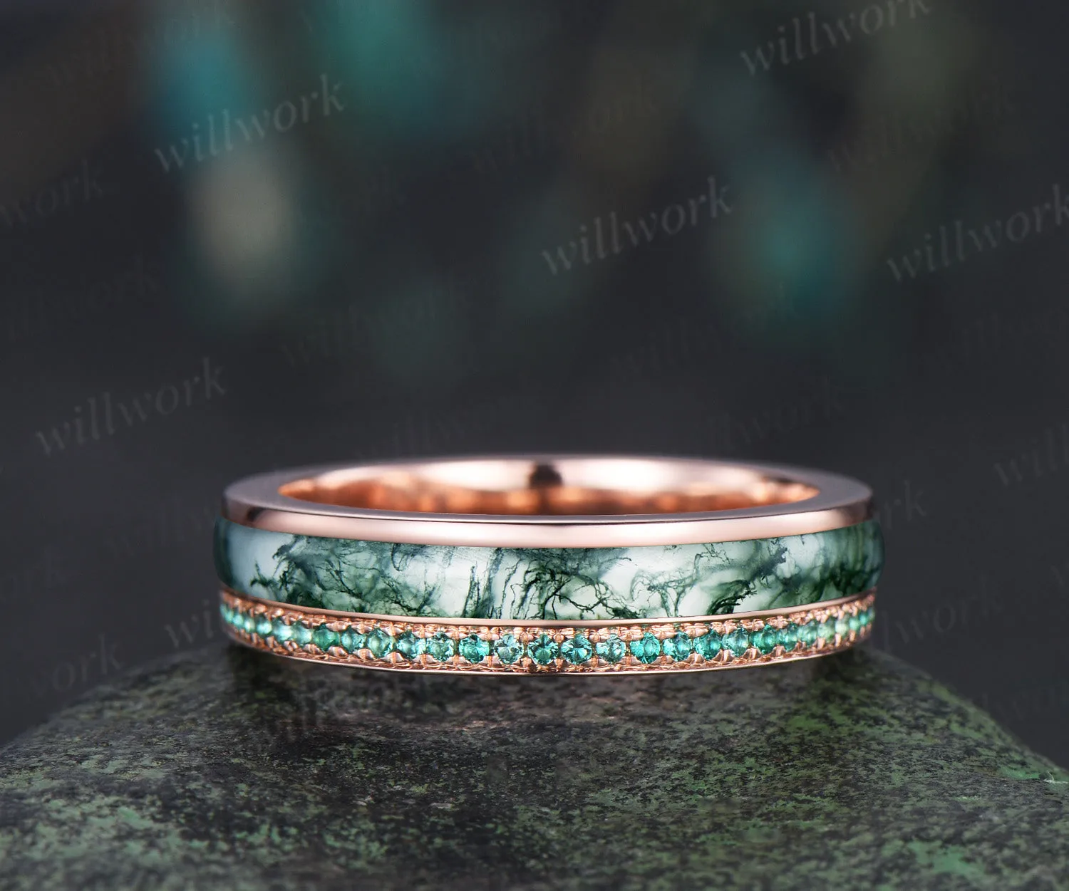 Full eternity bezel moss agate wedding band mens double line emerald rose gold ring unique engagement bridal ring for husband him sold by Willwork Jewelry product image thumbnail 2