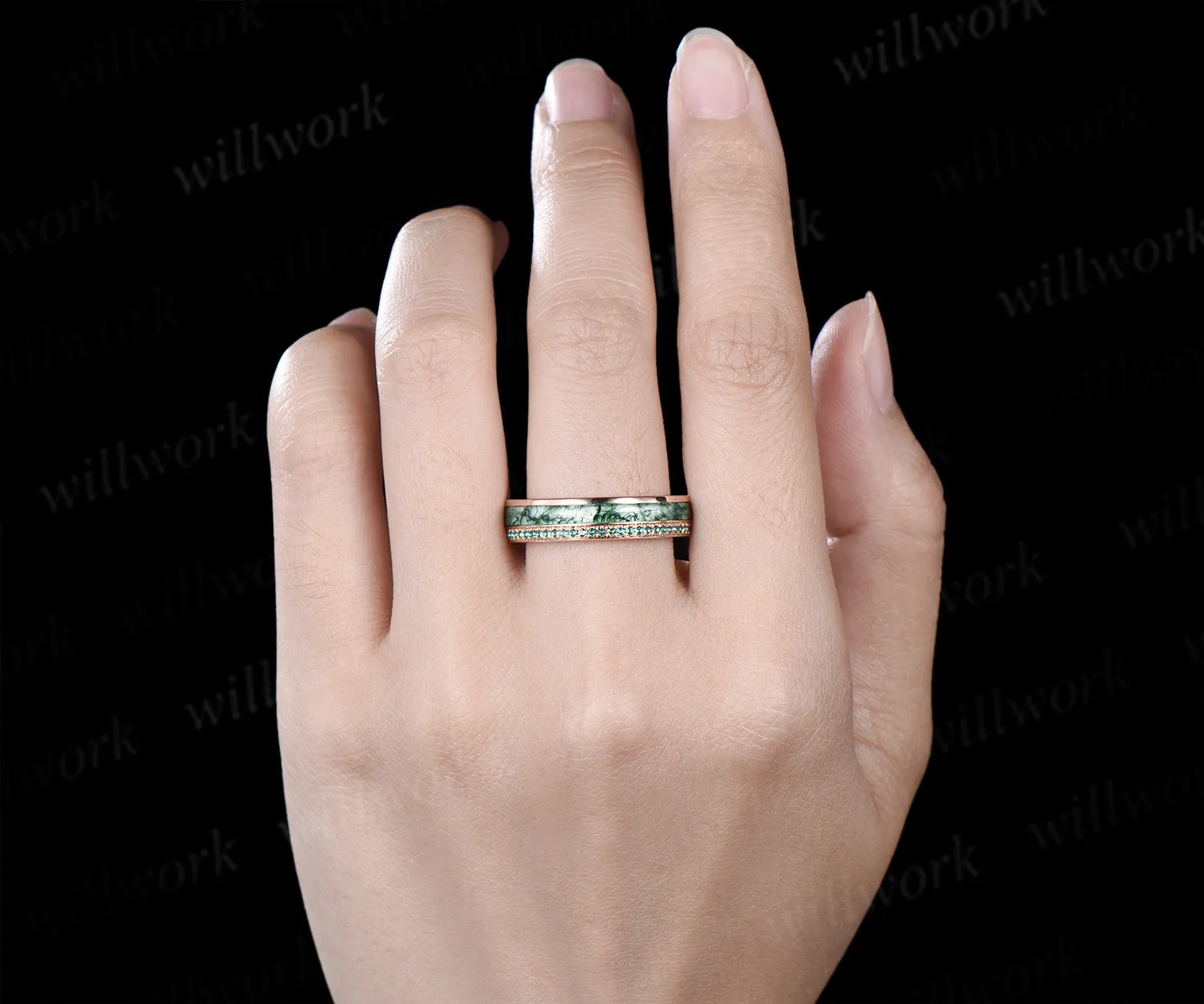 Full eternity bezel moss agate wedding band mens double line emerald rose gold ring unique engagement bridal ring for husband him sold by Willwork Jewelry product image thumbnail 3